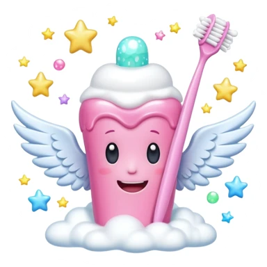 Giant cartoon toothbrush, pink toothbrush, cute molar character with angel wings, tube of pastel toothpaste, sparkles, magical sparkles, shooting stars, fluffy white clouds, soap bubbles, floating tooth fairy coins. sticker