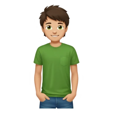 A 14 yerar old teenage boy, slightly tanned, wearing a green t-shirt , blue jeans and green sneakers with dark brown tousled hair, smirking sticker