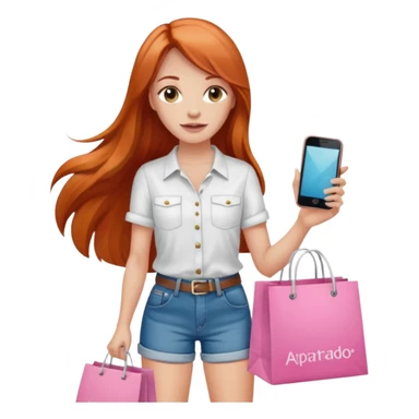 Chica con cabello cobrizo largo short de jeans blusa blanca y bolsas de compras rosas y celular diciendo apartado sticker