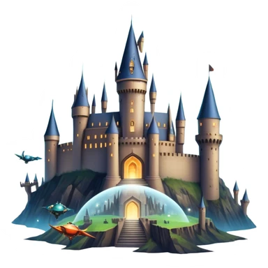 Icon for Fantasy and Sci-Fi Movies: A magical collage with flying dragons. futuristic spaceships and UFOs. Stars and planets shimmer in the background with a mystical castle Hogvards an ancient wizard and robots. The atmosphere is epic, otherworldly and adventurous. Transparent background. sticker