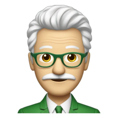 meester frank visser white hair, white mustache and glasses. Nice green suite sticker