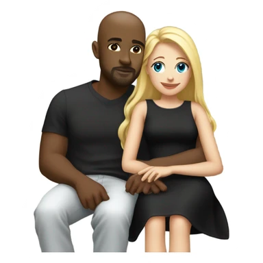 Blonde woman with blue eyes and long straight hair wearing a short black dress and a black man who is bald with a goatee seated together on a sofa enjoying a loving kiss.   sticker