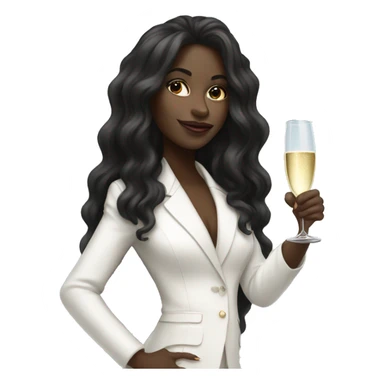 Black girl long hair in a white pantsuit, holding glass of champagne sticker
