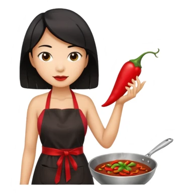 asian black short shoulder length hair tanned woman, black dress cooking, holding chili pepper sticker