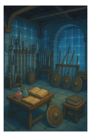 A virtual simulated training environment for combat drills, configured with swords, daggers, axes, maces, halberds, bow and arrows, and shields, as well as spell books and potions  sticker