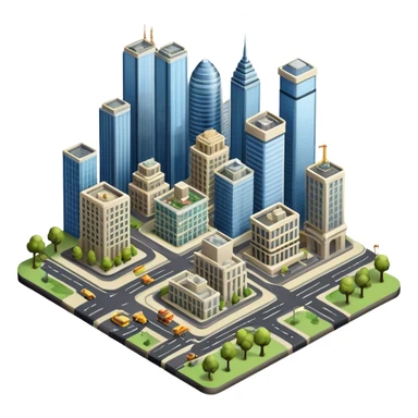 An icon showing a city-building game interface, inspired by Sim City. The design features a bustling city with roads, skyscrapers, and parks, with buildings being constructed and managed. The game’s interface, with stats and controls, is visible at the top. Transparent background. sticker