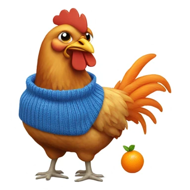 chicken wearing a blue sweater eating an orange sticker