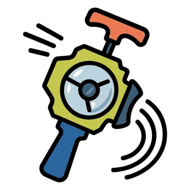 Beyblade X launcher, metallic shine, action lines, toy illustration sticker