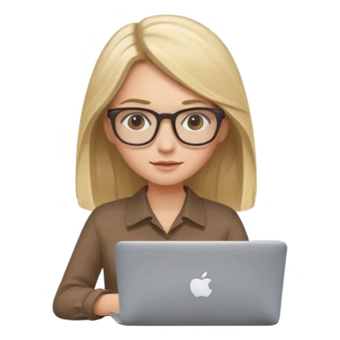 Girl in glasses, blonde long hair, brown blouse, typing on gray MacBook sticker