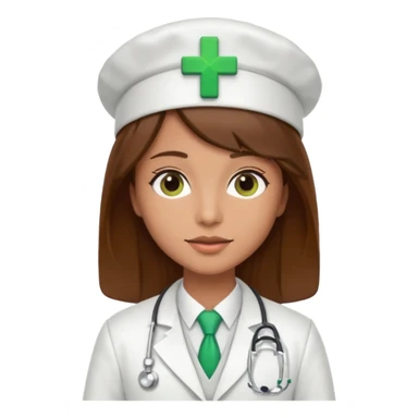 a doctor in white suit with a doctor hat with green cross brown hair sticker