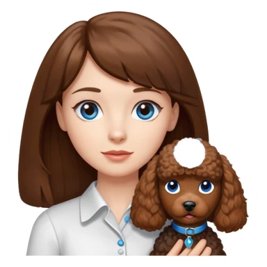 Kobieta z długimi brązowymi włosami, grzywką i niebieskimi oczami. Ubrana jest w białą koszulę. Trzyma na rękach małego brązowego pudelka. sticker