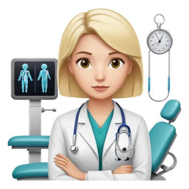 A blonde female kinesiologist with a thoughtful expression, wearing professional medical attire, in a physical therapy clinic setting sticker
