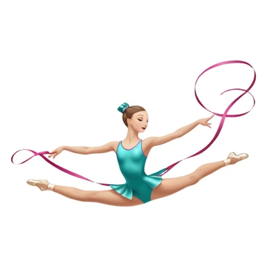 A graceful rhythmic gymnast performing with a flowing ribbon, executing an elegant leap mid-air. The pose exudes flexibility, balance, and artistry. The background suggests a competition arena with soft lighting, emphasizing movement, precision, and the beauty of the sport. sticker