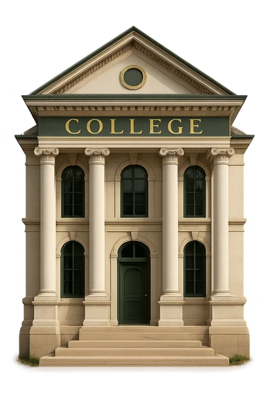 Make the college building less cartoonish, more realistic and professional with a green, gold, and white color scheme. The design should have a classic look with elegant lines and decorative details, with no background. sticker