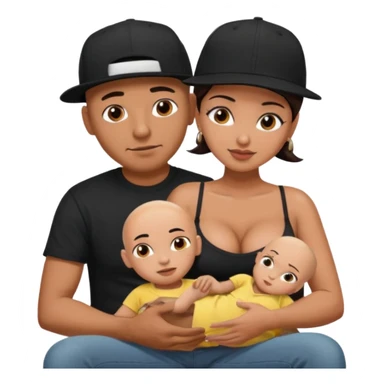 A picture of a tanned couple. the man is a Mexican man with tanned skin, with a bald hair cut wearing a SnapBack hat and a black shirt. the woman on his lap has thick dark brown hair and with big naked boobs that he is grabbing sticker