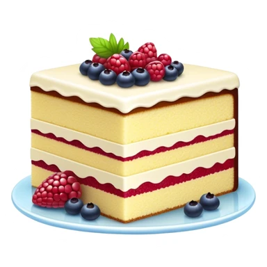 Cinematic luxurious slice of cake, delicate layers of moist sponge and rich frosting, beautifully decorated with fresh berries and a glossy glaze, soft glowing light, elegant and indulgent. sticker