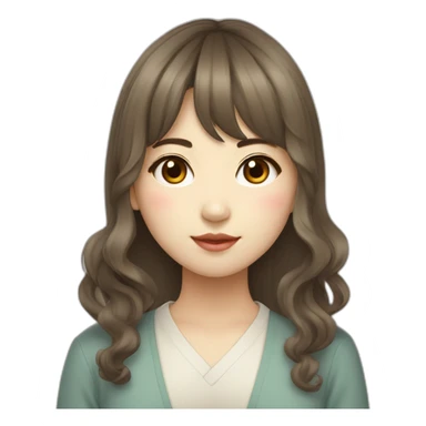 Korean student woman with bangs and wavy long korean hairstyle, light skin tone sticker