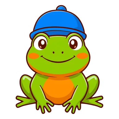 frog blinking and smiling while wearing a blue hat sticker