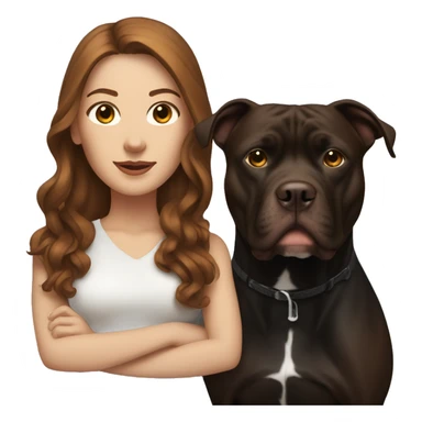 white woman with long brown hair standing alongside a black pitbull  sticker