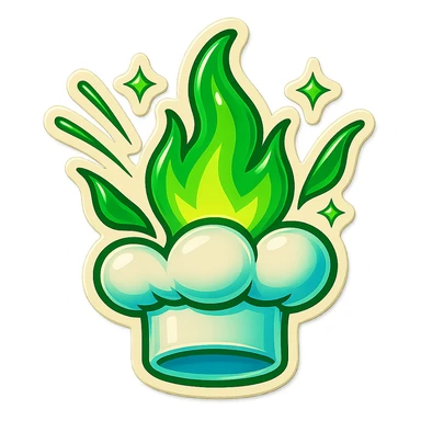 chef's hat explode with trails of fires, emoji, playful, magic flame green gradient, vibrant, flame matching style reference file sticker