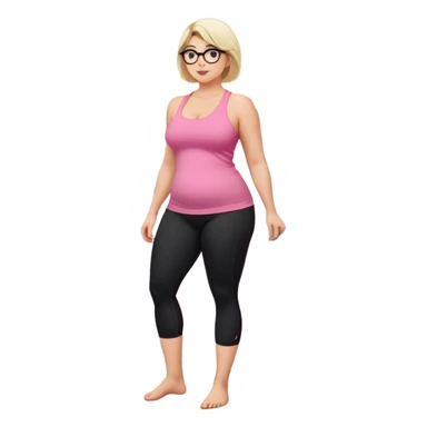 Full body view from the side, fair skinned woman, curvy, short blond hair, small reading glasses, cooking dinner in kitchen, pink loose tank top, showing natural B cup breast shape SFW, black yoga pants, large curvy booty sticker