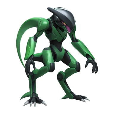a shiny black-green Genesect-Raptor-Fakémon—hybrid with a futuristic visor-helmet full body sticker