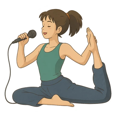 ghibli style illustration of a woman doing yoga with a microphone sticker
