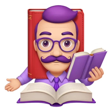 pastel red book with purple mustache and eyebrows and face, white paper hands and feet, dr hakim from Takes To game sticker