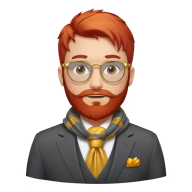 gray scarf, male,  beard, red hair, with suit, gold glasses sticker