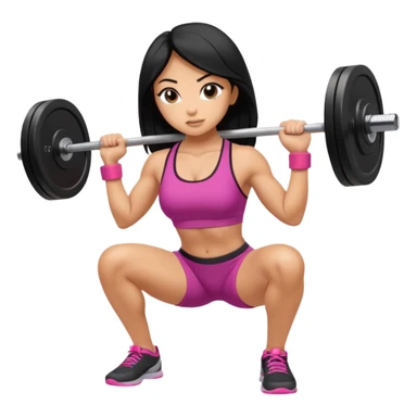 Fitness girl doing the squat with bar and weight, black hair sticker
