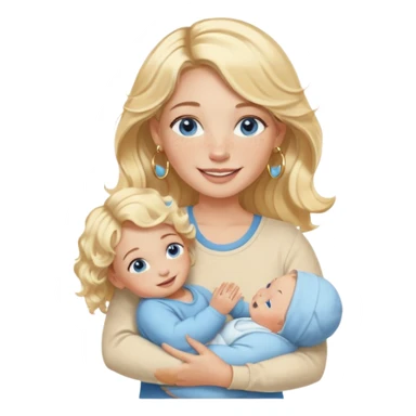 Wavy blonde, white woman with blue eyes, freckles hoop earrings, holding babies smiling and really cute in gold hoops she needs to be holding three newborns, and she needs to be more cute than pretty sticker