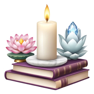 Aesthetic candles, flower petals, books, marble stand, crystal stones, lotus, feathers, zen, decoration, meditation,  sticker