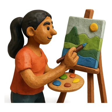 tanned woman artist with long black hair in a ponytail, painting a landscape at an easel, holding a paint palette and brush, claymation style sticker