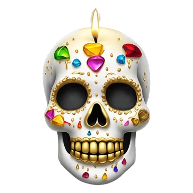 Realistic white sugar skull decorated with colorful rhinestones with a metallic gold candle on top of its head dripping down melted metallic gold wax down the skull sticker