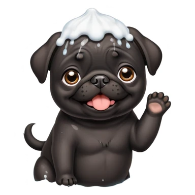 Happy adorable beautiful Black pug puppy with bath foam on top of his head sticker