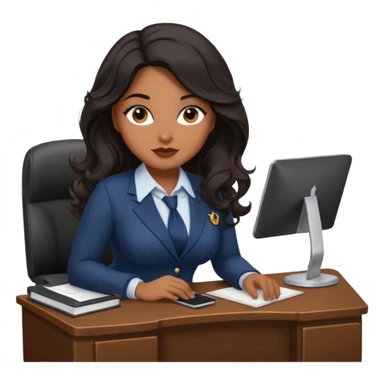 Curvy woman with brown skin with long wavy black hair, brown eyes. She's dressed as a sexy secretary sat on a desk sticker