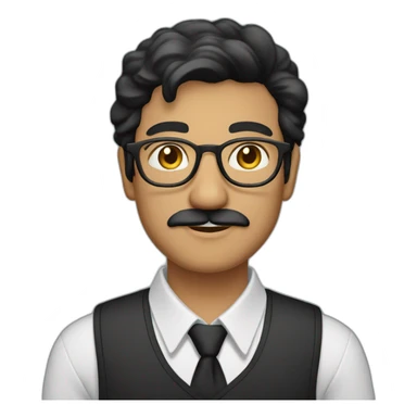a light skin Pakistani man, wearing round glasses, short moustache, black hair, collared shirt, structured manly face sticker