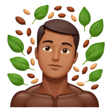 Relaxed male figure surrounded by floating foods: large pieces of shiny dark chocolate prominently displayed, with spinach leaves, almonds, and seeds. Soft light connecting these magnesium-rich foods to muscles and nervous system, showing a soothing effect on the man's body. sticker