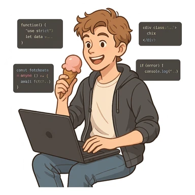 a white adolescent enjoying ice-cream, coding on a laptop, surrounded by code snippets, busy and cheerful, modern casual outfit sticker