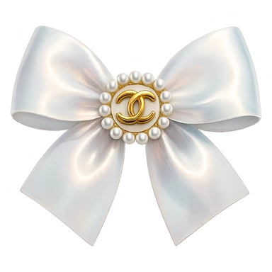 Remove the background, keep only the elegant bow with pearls and gold Chanel logo, glossy, pastel colors, realistic style, with no background. sticker