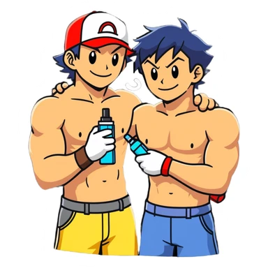 Hot handsome muscular 6ft 5inch tall smiling happy fun shirtless Ash Ketchum hugging his best friend while using a vape sticker