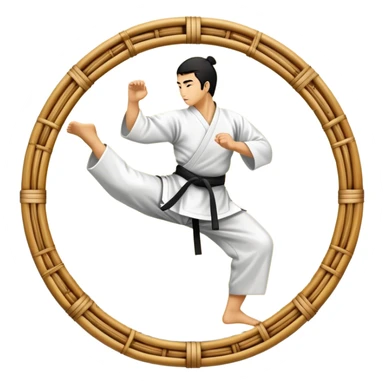 An icon symbolizing Eastern martial arts in the style of an emblem. The design features a martial artist performing a graceful kick or strike, surrounded by traditional elements like a dojo, bamboo, and ancient scrolls. The background reflects a serene, disciplined atmosphere. sticker