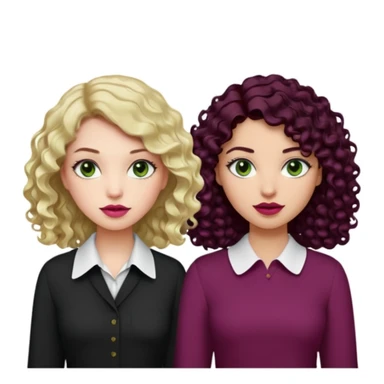 Una chica con el cabello ligeramente ondulado, rubio no tan oscuro, labios en un tono rosa, ojos café y una blusa blanca. Al lado otra chica con el cabello negro rizado, ojos verdes, labios color vino tinto y una blusa negra sticker