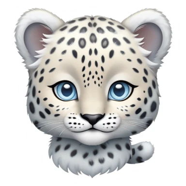 Cinematic-Noble-Snow-baby Leopard-Portrait-Emoji – Poised and majestic, with a muscular, agile build and a beautifully patterned coat of soft white and grey fur, marked with striking, deep-set, intelligent icy blue eyes, simplified yet sharp and sophisticated zoomed out showing the shoulders sticker