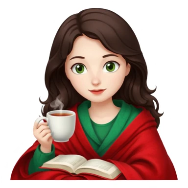 Long wavy dark brown haired, white skinned, dark green eyed girl wrapped in a red and white blanket, sipping tea and reading a book sticker