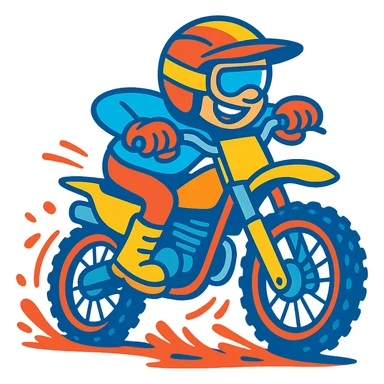 dirt bike racer, cartoon style, bright colors, exaggerated motion, fun and playful sticker