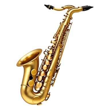 Create a sleek and sophisticated emoji representing the Selmer Super Action 80 Series II saxophone. The design should feature the smooth, golden brass body of the saxophone with its shiny keys and beautiful curves. Highlight the iconic bell of the saxophone and the fine details of the keywork, including the pads and springs. Include the mouthpiece at the top with a reed visible, capturing its essential role in sound production. Use rich gold and brass tones for the instrument with subtle light reflections to enhance its professional appearance. Add musical notes floating around the saxophone to evoke its smooth, jazzy sound. The background should be transparent. sticker