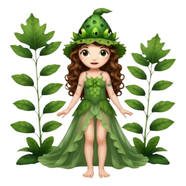 full body woman long curly brown hair brown eyes white skin tattoos wearing cute frog hat and sheer leaf dress, barefoot, flirty forest fairy pose sticker
