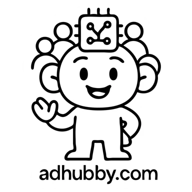 mascot logo for adhubby.com, four founders, collaborative theme, cheerful character or animal, digital or AI-inspired, approachable and memorable sticker