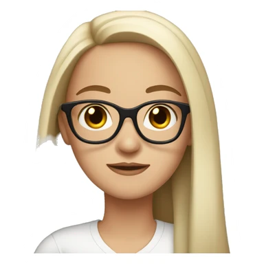 white girl with black straight long hair, dark brown eyes, glasses sticker